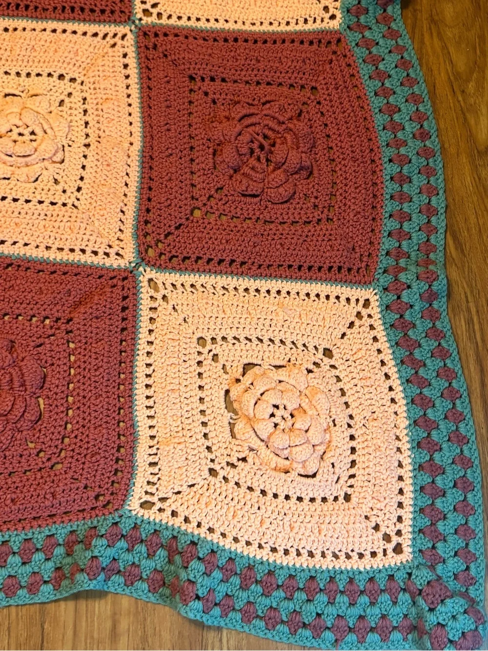 Vtg Granny Afghan Blanket 3D Flower Power Handmade Crochet 49X47” Cottagecore